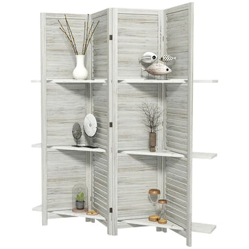 HOMCOM 4 Panel 67" Tall Wood Privacy Screen Room Divider with 3 Shelves and Folding Storage for Bedroom, Distressed White - product image 1