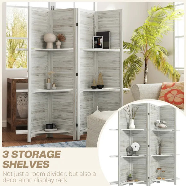 HOMCOM 4 Panel 67" Tall Wood Privacy Screen Room Divider with 3 Shelves and Folding Storage for Bedroom, Distressed White - product image 4