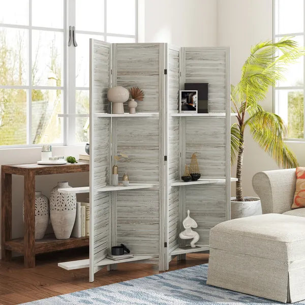 HOMCOM 4 Panel 67" Tall Wood Privacy Screen Room Divider with 3 Shelves and Folding Storage for Bedroom, Distressed White - product image 10