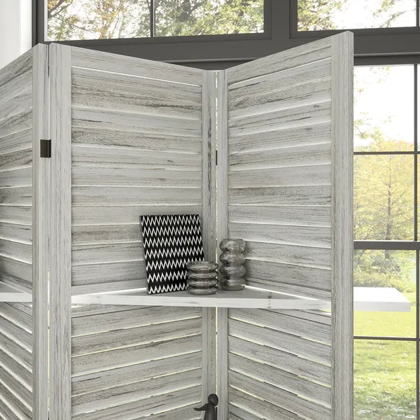 HOMCOM 4 Panel 67" Tall Wood Privacy Screen Room Divider with 3 Shelves and Folding Storage for Bedroom, Distressed White - product image 9