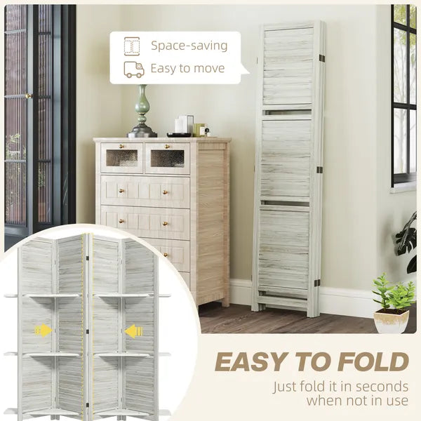 HOMCOM 4 Panel 67" Tall Wood Privacy Screen Room Divider with 3 Shelves and Folding Storage for Bedroom, Distressed White - product image 5