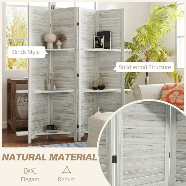 HOMCOM 4 Panel 67" Tall Wood Privacy Screen Room Divider with 3 Shelves and Folding Storage for Bedroom, Distressed White - product image 6