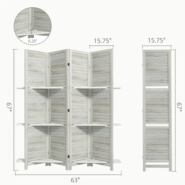 HOMCOM 4 Panel 67" Tall Wood Privacy Screen Room Divider with 3 Shelves and Folding Storage for Bedroom, Distressed White - product image 3