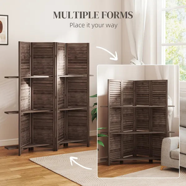 HOMCOM 4 Panel 67" Tall Wood Privacy Screen Room Divider with 3 Shelves and Folding Storage for Bedroom, Walnut - product image 7