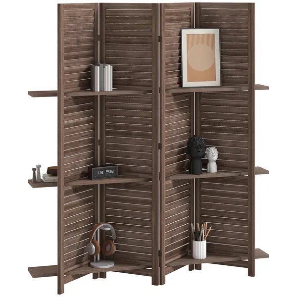 HOMCOM 4 Panel 67" Tall Wood Privacy Screen Room Divider with 3 Shelves and Folding Storage for Bedroom, Walnut - product image 11