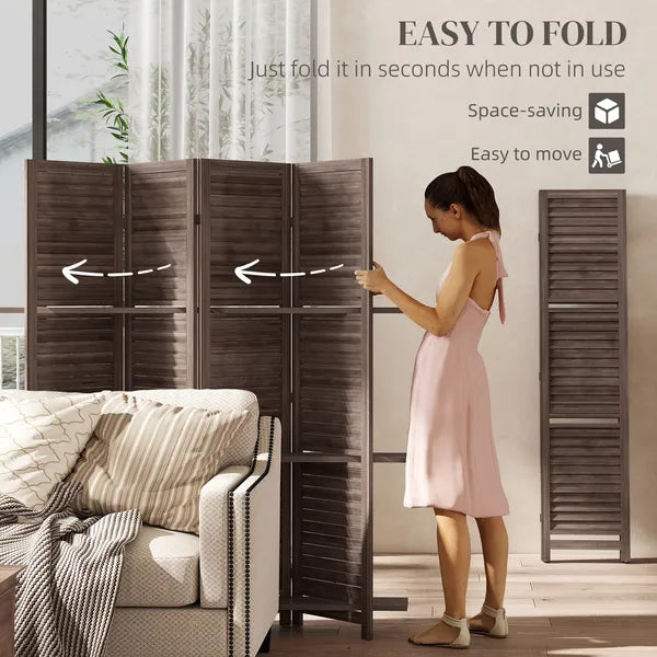 HOMCOM 4 Panel 67" Tall Wood Privacy Screen Room Divider with 3 Shelves and Folding Storage for Bedroom, Walnut - product image 5
