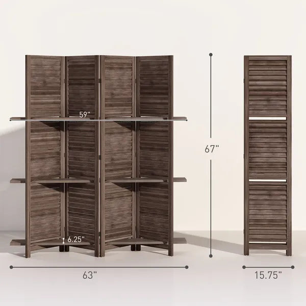 HOMCOM 4 Panel 67" Tall Wood Privacy Screen Room Divider with 3 Shelves and Folding Storage for Bedroom, Walnut - product image 3