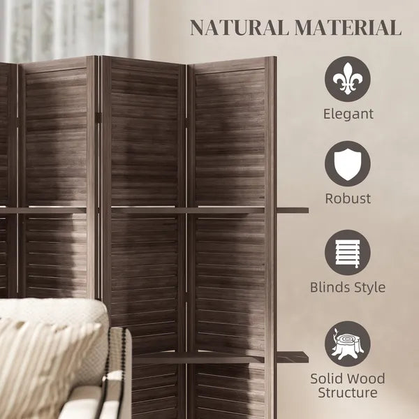 HOMCOM 4 Panel 67" Tall Wood Privacy Screen Room Divider with 3 Shelves and Folding Storage for Bedroom, Walnut - product image 6