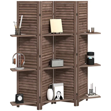 HOMCOM 4 Panel 67" Tall Wood Privacy Screen Room Divider with 3 Shelves and Folding Storage for Bedroom, Walnut - product image 1