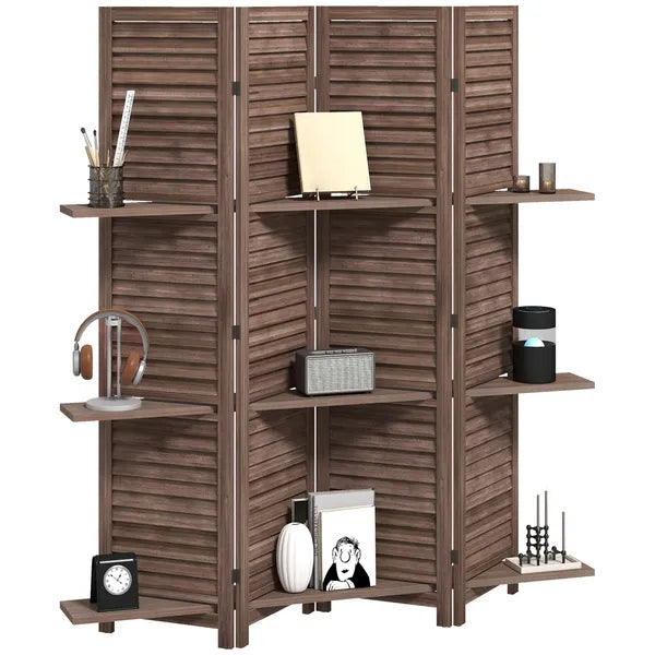 HOMCOM 4 Panel 67" Tall Wood Privacy Screen Room Divider with 3 Shelves and Folding Storage for Bedroom, Walnut - product image 1