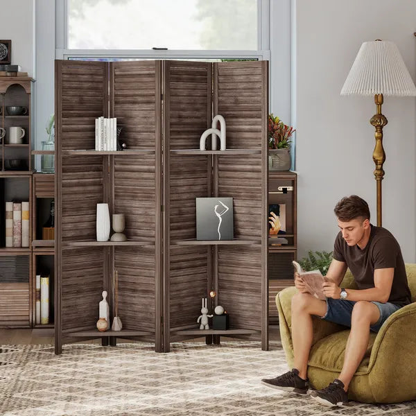 HOMCOM 4 Panel 67" Tall Wood Privacy Screen Room Divider with 3 Shelves and Folding Storage for Bedroom, Walnut - product image 8