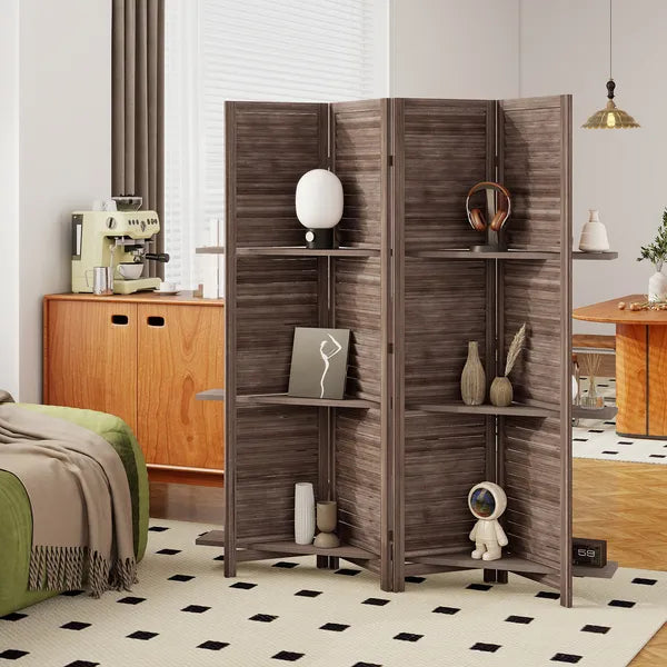 HOMCOM 4 Panel 67" Tall Wood Privacy Screen Room Divider with 3 Shelves and Folding Storage for Bedroom, Walnut - product image 10