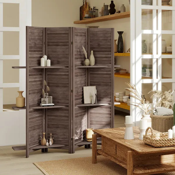 HOMCOM 4 Panel 67" Tall Wood Privacy Screen Room Divider with 3 Shelves and Folding Storage for Bedroom, Walnut - product image 2
