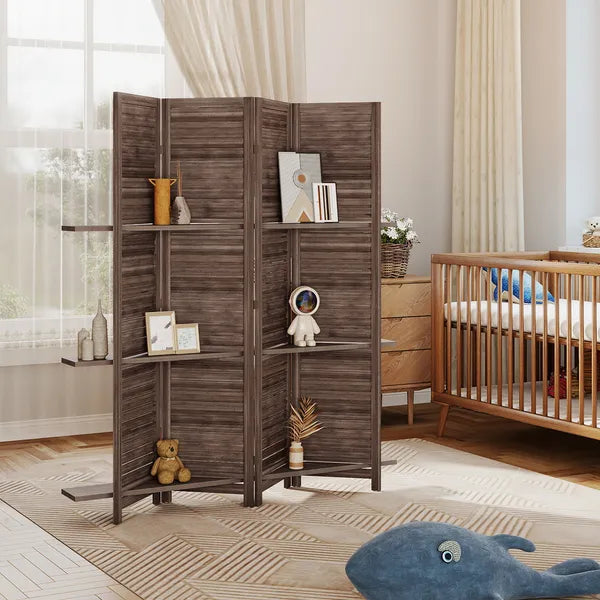 HOMCOM 4 Panel 67" Tall Wood Privacy Screen Room Divider with 3 Shelves and Folding Storage for Bedroom, Walnut - product image 9