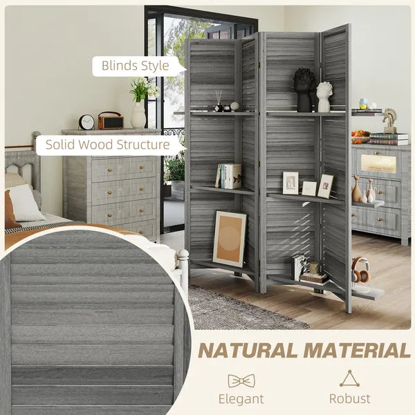 4 Panel 67 Inch Room Divider with 3 Display Shelves, Gray - product image 6