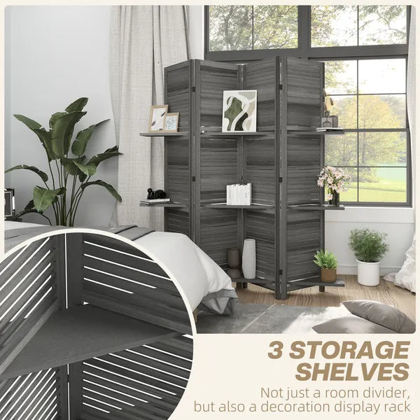 4 Panel 67 Inch Room Divider with 3 Display Shelves, Gray - product image 4