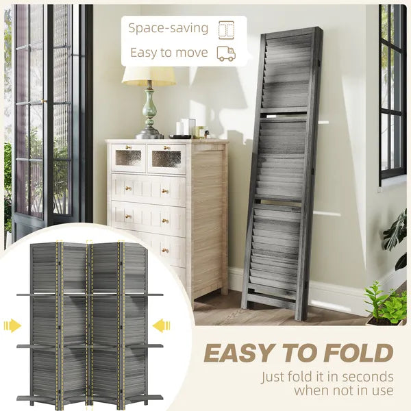 4 Panel 67 Inch Room Divider with 3 Display Shelves, Gray - product image 5