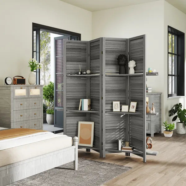 4 Panel 67 Inch Room Divider with 3 Display Shelves, Gray - product image 10