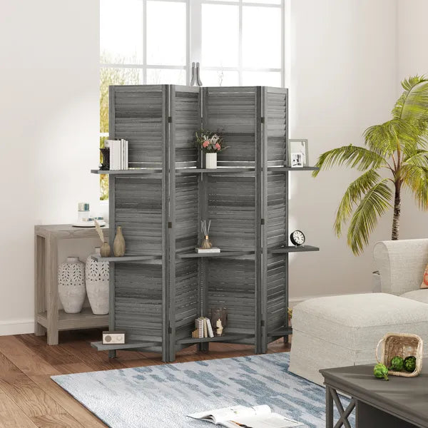 4 Panel 67 Inch Room Divider with 3 Display Shelves, Gray - product image 2