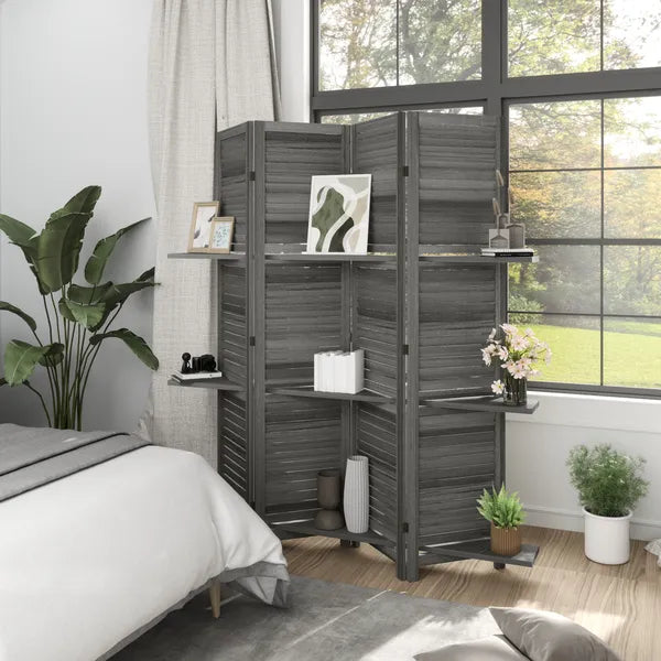 4 Panel 67 Inch Room Divider with 3 Display Shelves, Gray - product image 8