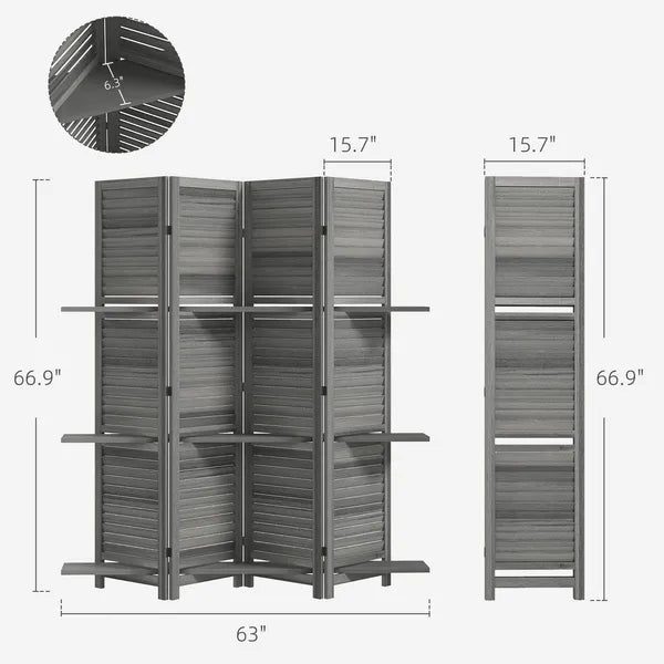 4 Panel 67 Inch Room Divider with 3 Display Shelves, Gray - product image 3