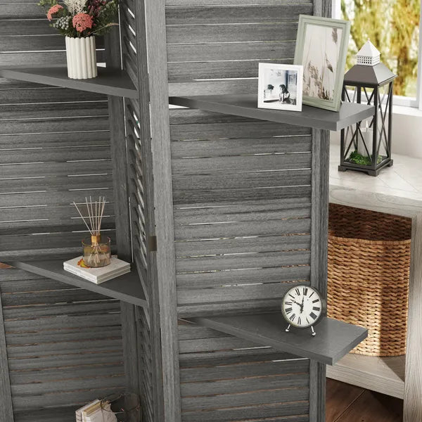 4 Panel 67 Inch Room Divider with 3 Display Shelves, Gray - product image 9