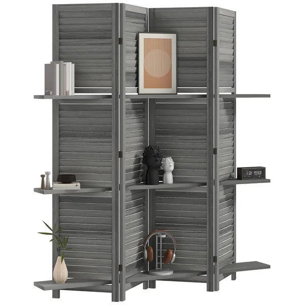 4 Panel 67 Inch Room Divider with 3 Display Shelves, Gray - product image 1