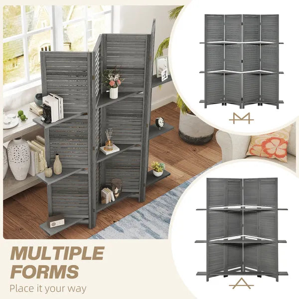 4 Panel 67 Inch Room Divider with 3 Display Shelves, Gray - product image 7