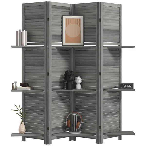 4 Panel 67 Inch Room Divider with 3 Display Shelves, Gray - product image 11