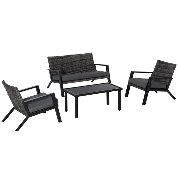 Outsunny 4-Piece Patio Sofa Set Outdoor Wicker Patio Conversation Sets with Removable Cushion and Coffee Table for Balcony, Backyard Black and Grey - product image 1