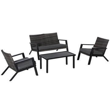 Outsunny 4-Piece Patio Sofa Set Outdoor Wicker Patio Conversation Sets with Removable Cushion and Coffee Table for Balcony, Backyard Black and Grey - product image 1