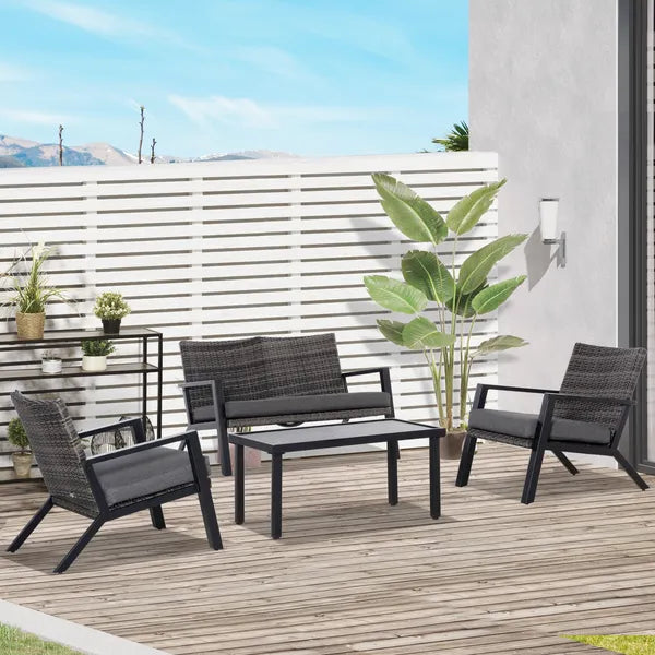 Outsunny 4-Piece Patio Sofa Set Outdoor Wicker Patio Conversation Sets with Removable Cushion and Coffee Table for Balcony, Backyard Black and Grey - product image 10