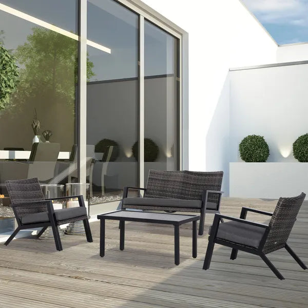 Outsunny 4-Piece Patio Sofa Set Outdoor Wicker Patio Conversation Sets with Removable Cushion and Coffee Table for Balcony, Backyard Black and Grey - product image 2