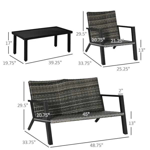 Outsunny 4-Piece Patio Sofa Set Outdoor Wicker Patio Conversation Sets with Removable Cushion and Coffee Table for Balcony, Backyard Black and Grey - product image 3