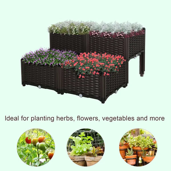 Outsunny 4 Piece Plastic Garden Bed, with Legs and Drainage Hole, Self-Watering and DIY, to Grow Flowers, Herbs and Vegetables, Brown - product image 4