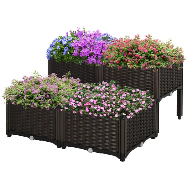 Outsunny 4 Piece Plastic Garden Bed, with Legs and Drainage Hole, Self-Watering and DIY, to Grow Flowers, Herbs and Vegetables, Brown - product image 1