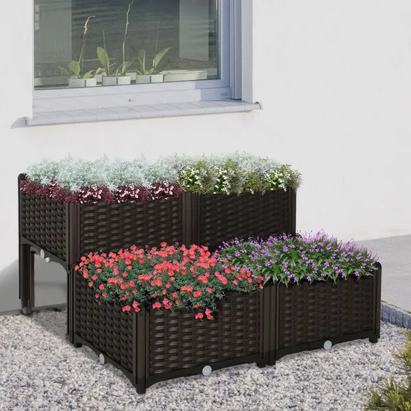 Outsunny 4 Piece Plastic Garden Bed, with Legs and Drainage Hole, Self-Watering and DIY, to Grow Flowers, Herbs and Vegetables, Brown - product image 2