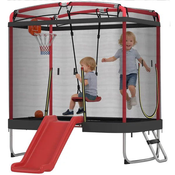 Qaba 4 x 6FT Trampoline for Kids Indoor and Outdoor with Slide, Swing, Basketball Hoop and Safety Enclosure, Red - product image 11