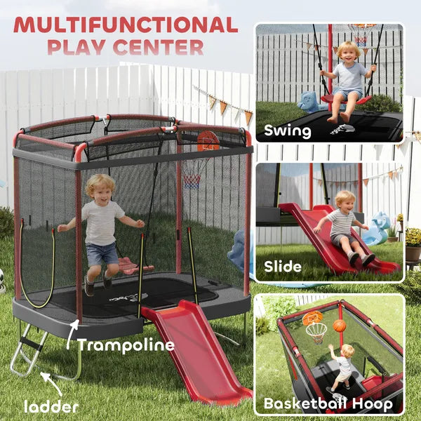 Qaba 4 x 6FT Trampoline for Kids Indoor and Outdoor with Slide, Swing, Basketball Hoop and Safety Enclosure, Red - product image 8