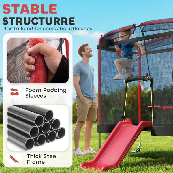 Qaba 4 x 6FT Trampoline for Kids Indoor and Outdoor with Slide, Swing, Basketball Hoop and Safety Enclosure, Red - product image 4
