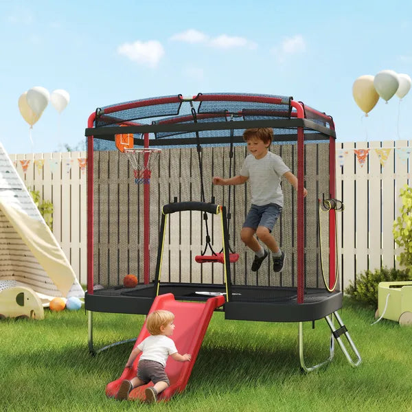 Qaba 4 x 6FT Trampoline for Kids Indoor and Outdoor with Slide, Swing, Basketball Hoop and Safety Enclosure, Red - product image 2