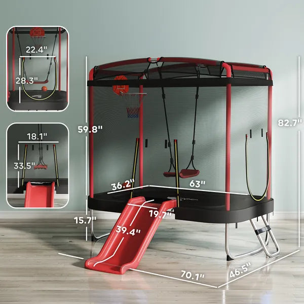 Qaba 4 x 6FT Trampoline for Kids Indoor and Outdoor with Slide, Swing, Basketball Hoop and Safety Enclosure, Red - product image 3