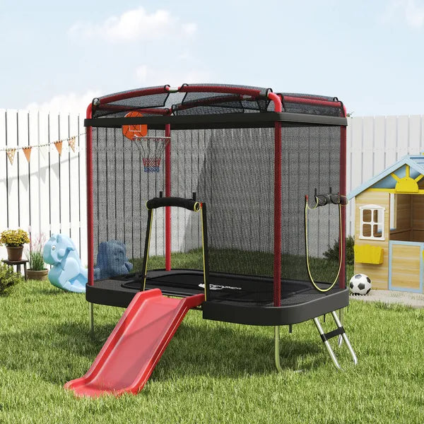 Qaba 4 x 6FT Trampoline for Kids Indoor and Outdoor with Slide, Swing, Basketball Hoop and Safety Enclosure, Red - product image 10