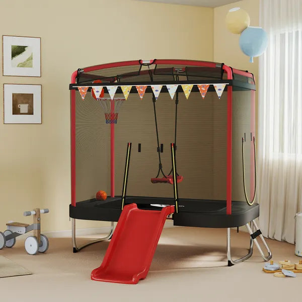 Qaba 4 x 6FT Trampoline for Kids Indoor and Outdoor with Slide, Swing, Basketball Hoop and Safety Enclosure, Red - product image 9