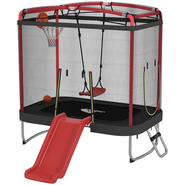 Qaba 4 x 6FT Trampoline for Kids Indoor and Outdoor with Slide, Swing, Basketball Hoop and Safety Enclosure, Red - product image 1