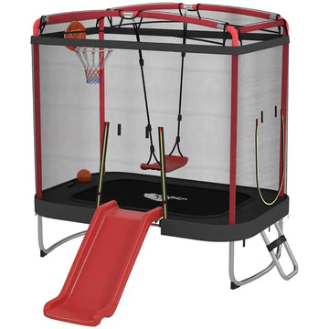 Qaba 4 x 6FT Trampoline for Kids Indoor and Outdoor with Slide, Swing, Basketball Hoop and Safety Enclosure, Red - product image 1
