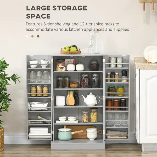 HOMCOM 41" Kitchen Pantry Storage Modern 2-Door Cabinet with 5-Tier Shelving 12 Spice Racks Adjustable Shelves Gray - product image 4