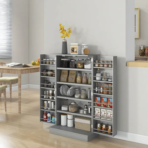 HOMCOM 41" Kitchen Pantry Storage Modern 2-Door Cabinet with 5-Tier Shelving 12 Spice Racks Adjustable Shelves Gray - product image 2