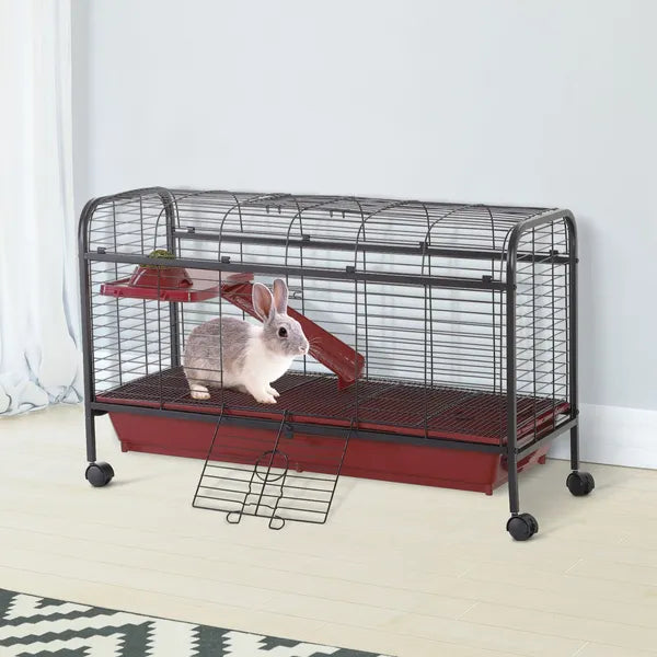 41"L Small Animal Cage, Rabbit Guinea Pig Hutch, Ferret Pet Play House with Feeder, Rolling Wheels, Platform and Ramp, Red/Black - product image 10