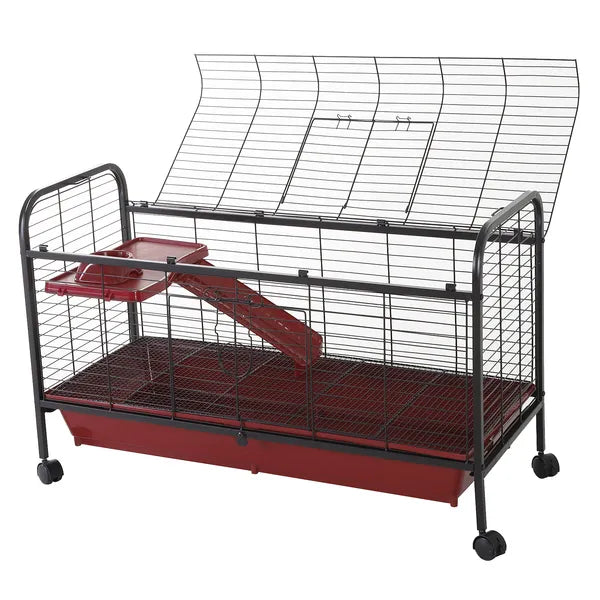 41"L Small Animal Cage, Rabbit Guinea Pig Hutch, Ferret Pet Play House with Feeder, Rolling Wheels, Platform and Ramp, Red/Black - product image 11